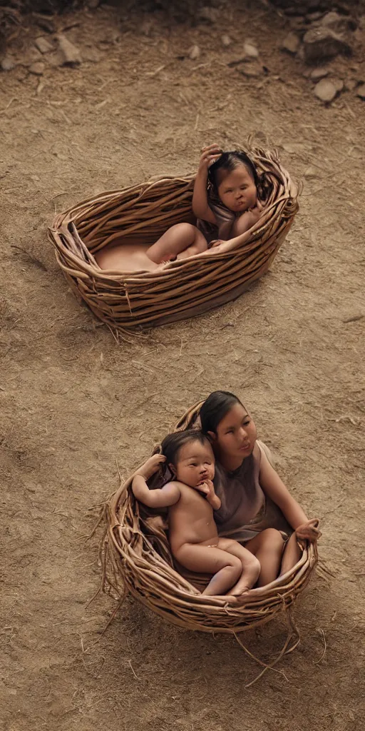 Image similar to Owens Valley Paiute girl and baby in traditional cradle board, unreal 5, hyper realistic, realistic, photo realistic, dynamic lighting, highly detailed, cinematic landscape, studio landscape, studio lighting