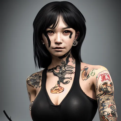 Image similar to a woman with black hair and tattoos holding a gun, a character portrait by Shinji Aramaki, cgsociety, shock art, uhd image, official art, redshift