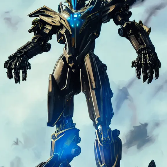 Image similar to cinematic shot, 35 foot tall detailed beautiful handsome quadrupedal robot mecha dragon, sharp edged black armor, gold accents, sleek blue visor for eyes, four legs, walking in busy neon city streets, sharp claws, epic shot, highly detailed art, sci fi, furry, 3D realistic, warframe fanart, destiny fanart, furry art, dragon art, feral art, macro art, furaffinity, DeviantArt, sofurry