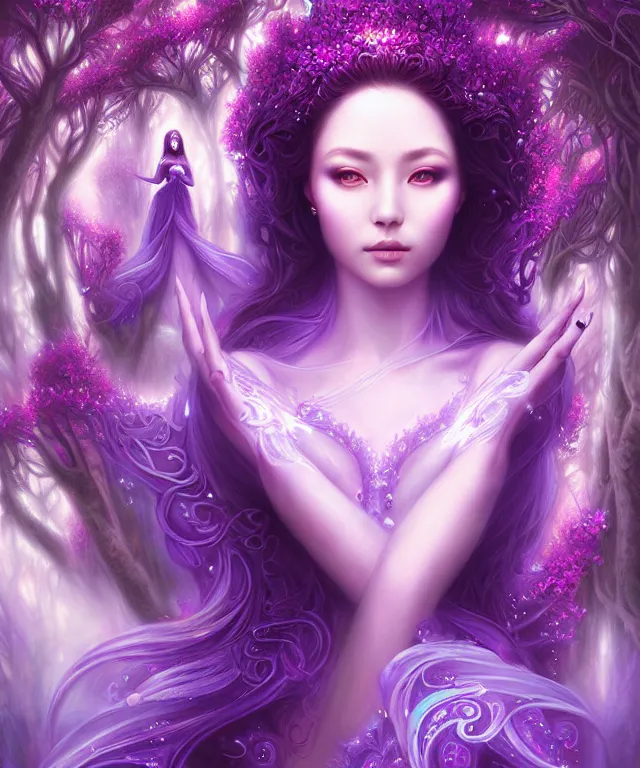 Image similar to ultra detailed, magical realism, portrait painting, of the beautiful empress within the enchanted purple forest, glowing purple, volumetric lighting, illusion, intricate details, by ross tran.