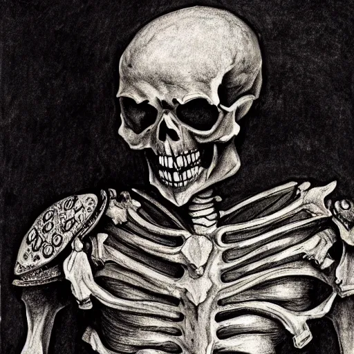 Image similar to skeleton warrior with a very ornate armor, very detailed, complex drawing, hyper detailed, renaissance, monochrome, albert durer style