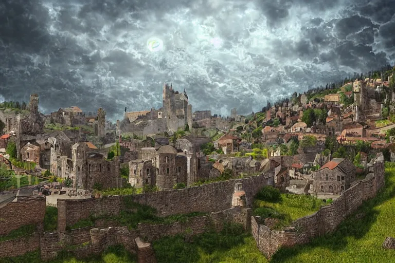 Prompt: a medieval city nestled within a valley protected by walls, digital art