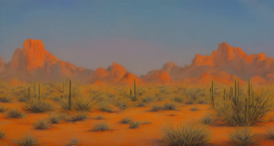 Prompt: the sonoran desert at sunrise, muted colors, beautiful painting, oil on canvas, by Ewa Czarniecka, award winning masterpiece,