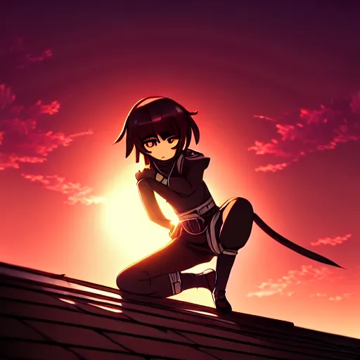 Image similar to digital anime art in the style of netflix arcane, cute female ninja sitting on an old japanese roof at golden hour, wlop, ilya kuvshinov, backlit