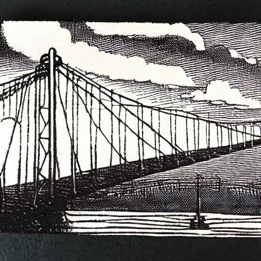 Prompt: small steel suspension bridge built in 1 9 2 8, side view, puffy clouds in background, ufo floating in the sky, woodcut style, rubber stamp, 8 k