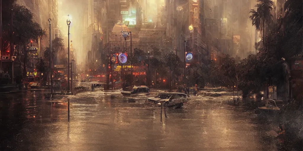 Image similar to hollywood boulevard hit by a biblical flood during a storm, dramatic lighting, beautiful, stunning landscape artwork by artgerm, rutkowski, wlop highly detailed, photorealistic