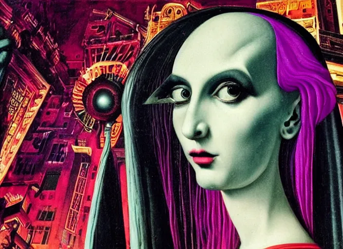 Prompt: close up portrait of a punk goth alien martian girl in a futuristic fluorescent retrowave city at night by david lachapelle, oil painting by canaletto hieronymus bosh leonardo da vinci piero della francesca botticelli