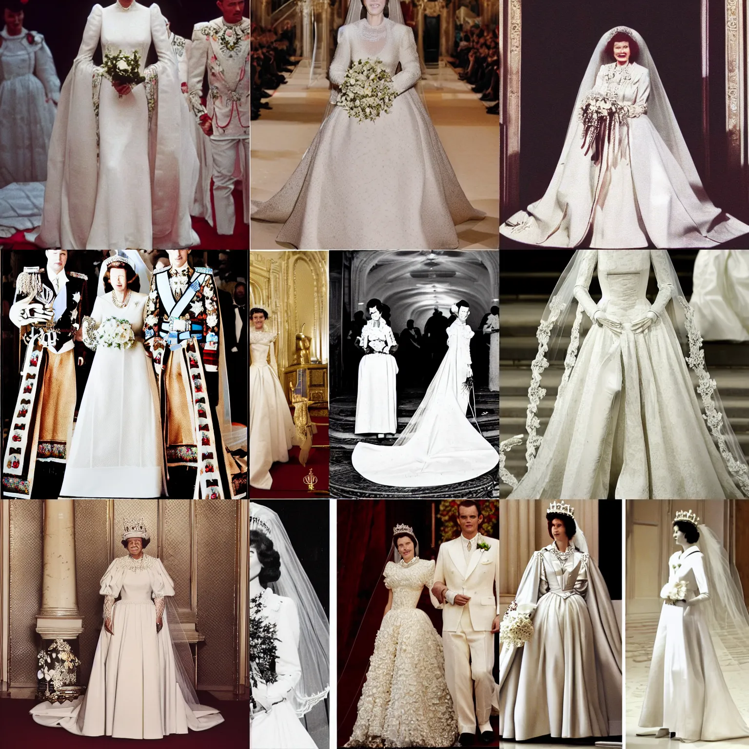 Prompt: Queen Elisabeth's vintage wedding dress designed Givenchy and Gucci, stage lighrt, award winning fashion photo