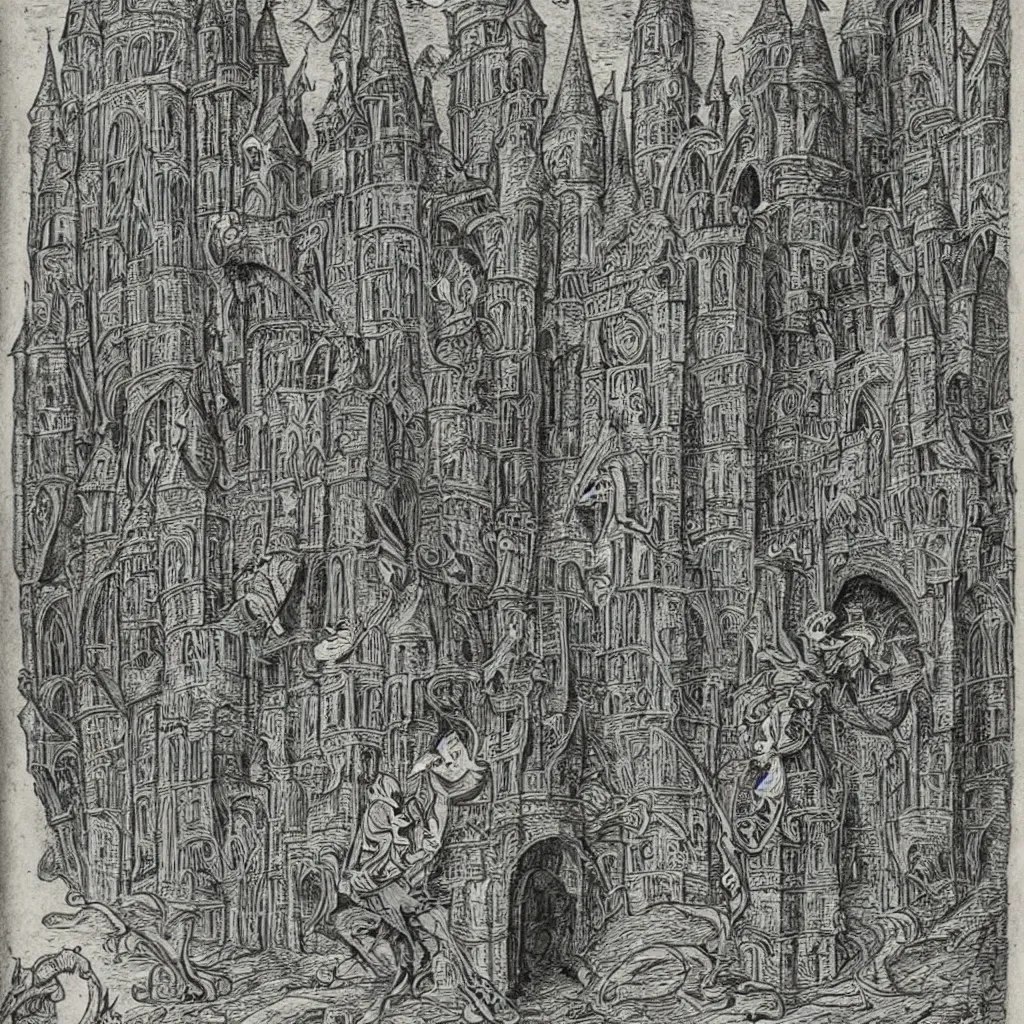 Image similar to a gray striped cat disguised as a wizard Merlin in front of the castle of Camelot, medieval illustration, intricate, highly detailed