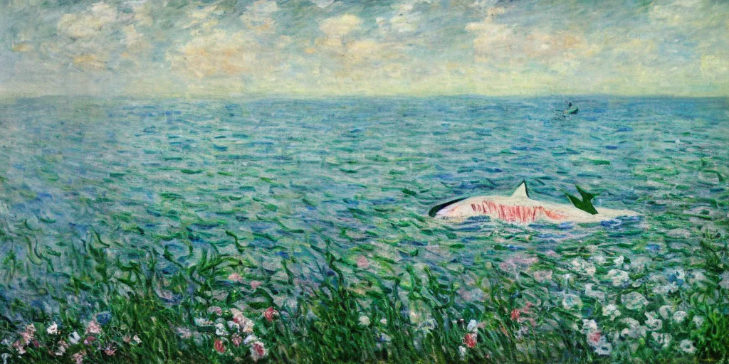 Image similar to flowers as long as the eyes can see, giant shark in the distance, in the style of monet, oil painting, 1 6 k