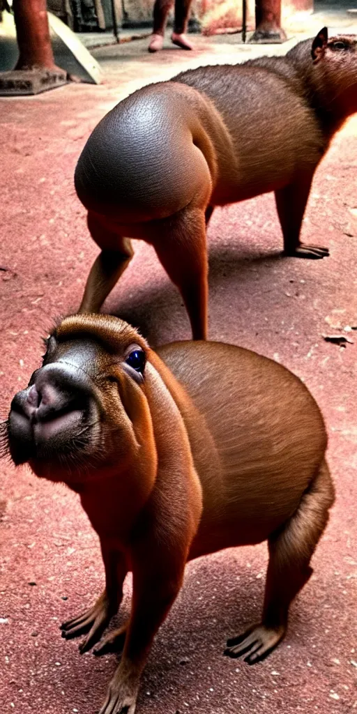 Image similar to a capibara wearing a high tech armor, with daring look on his face, cute and fierce, dramatic lighting, movie footage