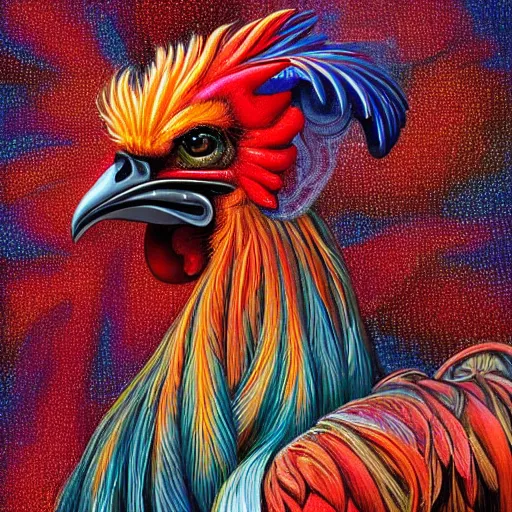 Prompt: an extremely psychedelic portrait of a rooster using a hoodie, surreal, LSD, face, detailed, intricate, elegant, lithe, highly detailed, digital painting, artstation, concept art, smooth, sharp focus, illustration, art by Jason Edmiston