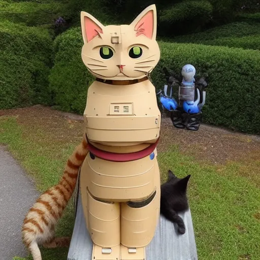 Image similar to a cat sitting on top of a robot suit, a statue by Studio Ghibli, featured on reddit, mingei, made of cardboard, sci-fi, futuristic