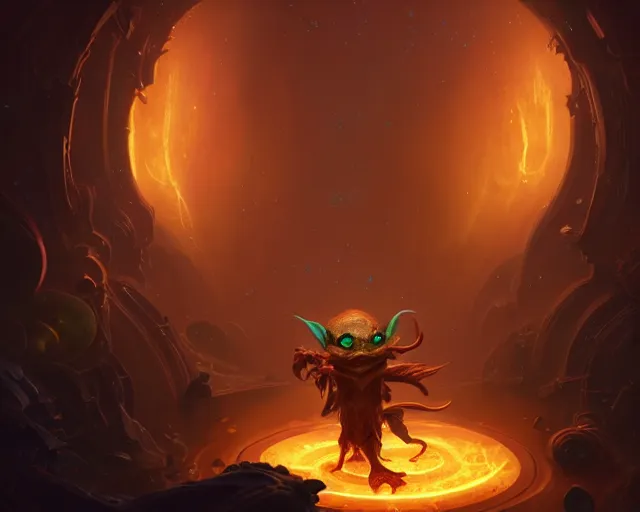 Image similar to a 4 k cinematic screenshot still portrait of a gremlin in a dark liminal space room surrounded by amber glow, deep focus, d & d, fantasy, intricate, elegant, highly detailed, digital painting, art station, concept art, matte, sharp focus, illustration, dark fantasy style art, hearthstone, art by artgerm and greg rutkowski and alphonse mucha