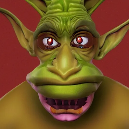 Image similar to hyperrealistic cartoon illustration of a goblin