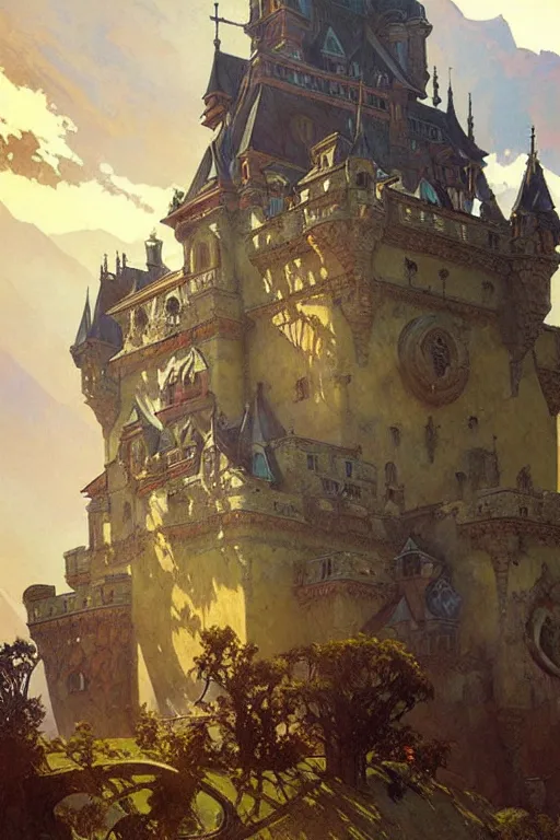 Image similar to An ancient castle, fantasy, painting by greg rutkowski and alphonse mucha