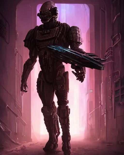 Image similar to Sci-Fi Crocodile hero alien, armored, art by Kashin, Wadim, Martinière, Stephan, holding rifle, sharp focus, pitch black infested Spaceship hallway, dark light, soft purple glow, heroic pose, sci-fi artwork, octane render, dead space artwork, cyberpunk, warm light, occult, magical, volumetric lighting, 8k high definition, highly detailed, trending on art Station, centered, by Greg Rutkovski, sci-fi artwork, arnold render