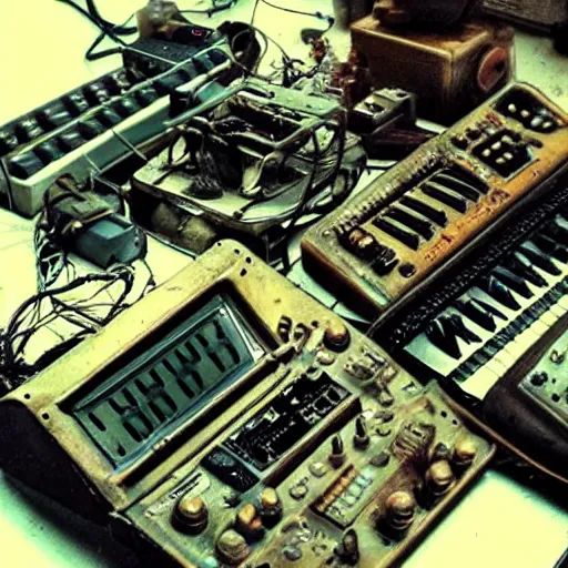 Prompt: “Old broken steampunk synthesizers with keyboard and audio meters. Lots of wires. Close-up. Scratched and torn old photograph”