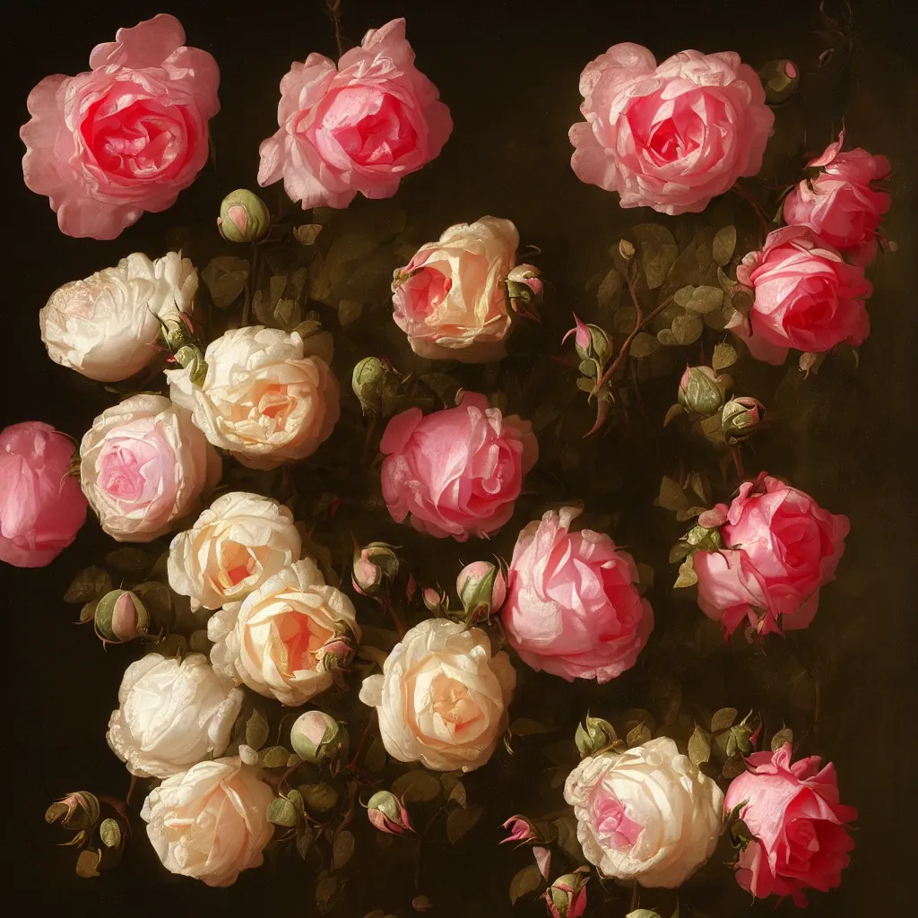 Prompt: a nosegay of roses and glitches by { { rachel ruysch } }, 1 6 9 5