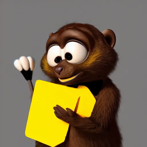 Image similar to cute anthro brown marmot in a black tuxedo while holding a yellow pencil in the left hand, pixar character, digital art, 3 d rendered in octane, blender, maya, shadows, lighting