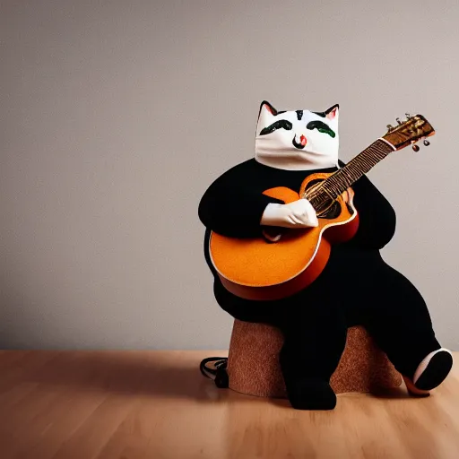 Image similar to cute fat cat playing guitar, studio photography