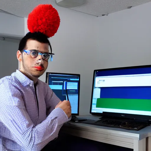 Prompt: a software developer sitting in front of a computer, dressed as a clown