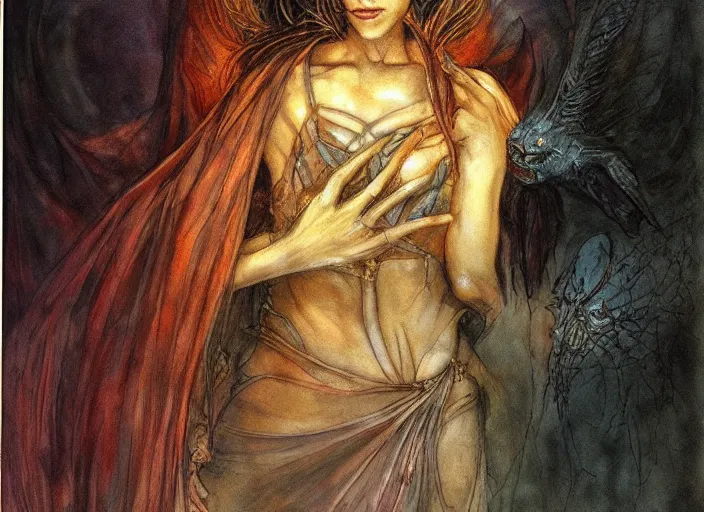 Image similar to portrait of diety of flame, beautiful! coherent! by brom, by brian froud, deep color, strong line, high contrast