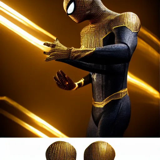 Image similar to gold spider - man suit with black web lining, cinematic, volumetric lighting, realistic, hyperdetailed, photorealistic, photograph