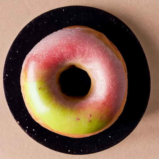 Image similar to Perfectly circular donut!!!!! in the style and shape of an apple!!!!!!, blended colors!!!!!, trending on artstation, 4k, 8k, professional photography, overhead shot, 35mm lens