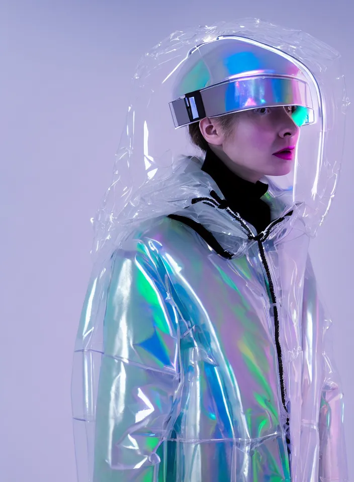 Image similar to an ultra high definition professional studio quality photograph of an artificially intelligent cyberpunk art influencer wearing a transparent iridescent pastel coloured face visor and matching bubbly puffy raincoat on white coat hook in a sheer icelandic black rock environment. three point light. dramatic lighting. volumetric shadows. light rays