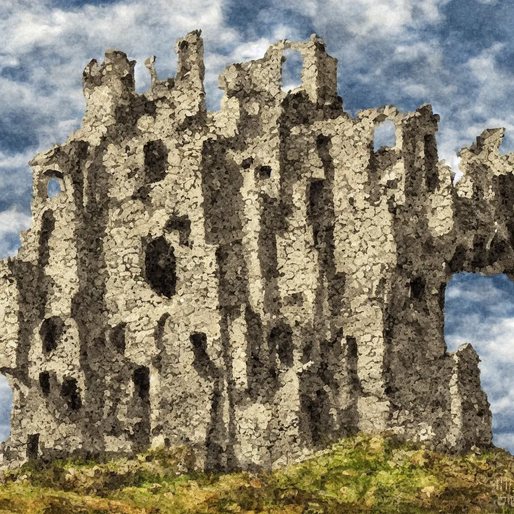 Prompt: ruins of a castle in a dry moutain with a cloudy sky, digital painting, impressinism