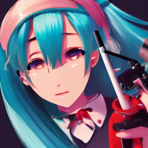 Image similar to hatsune miku smoking weed with a vape pen, smoke coming out of her mouth, bloodshot eyes, artstation, 4 k