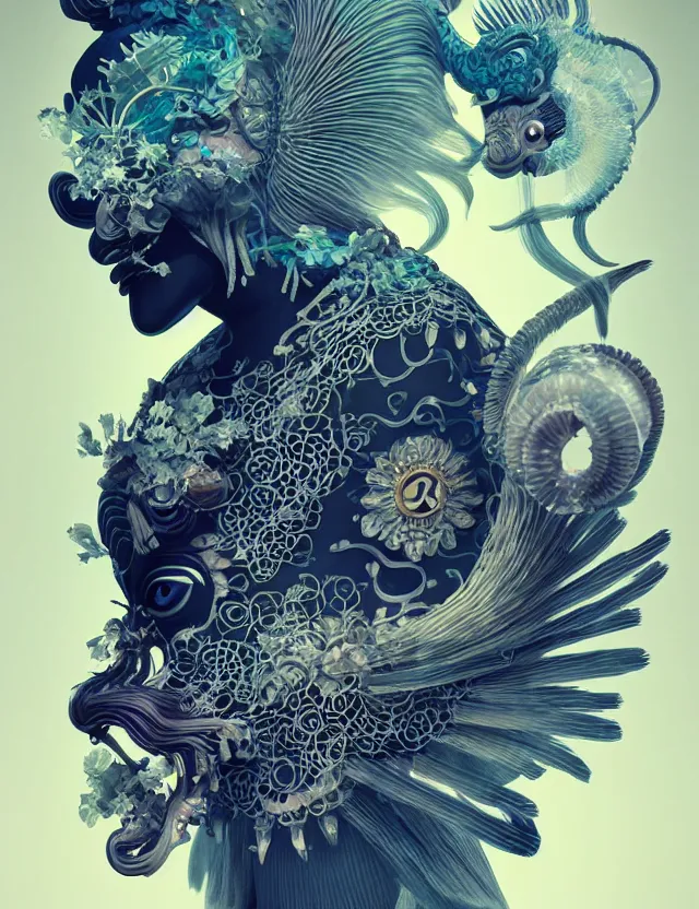 Image similar to 3 d goddess close - up frontal portrait with ram skull. beautiful intricately detailed japanese crow kitsune mask and clasical japanese kimono. betta fish, jellyfish phoenix, bio luminescent, plasma, ice, water, wind, creature, artwork by tooth wu and wlop and beeple and greg rutkowski