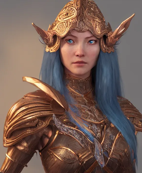 Image similar to a beautiful and highly detailed digital portrait of a dignified female elven paladin with blue hair in rose gold armor by jia ruan, clint cearley, and karol bak, centered, artsation contest winner, cgsociety, fantasy art, cryengine, concept art, photorealism, daz 3 d, sketchfab, zbrush, vray