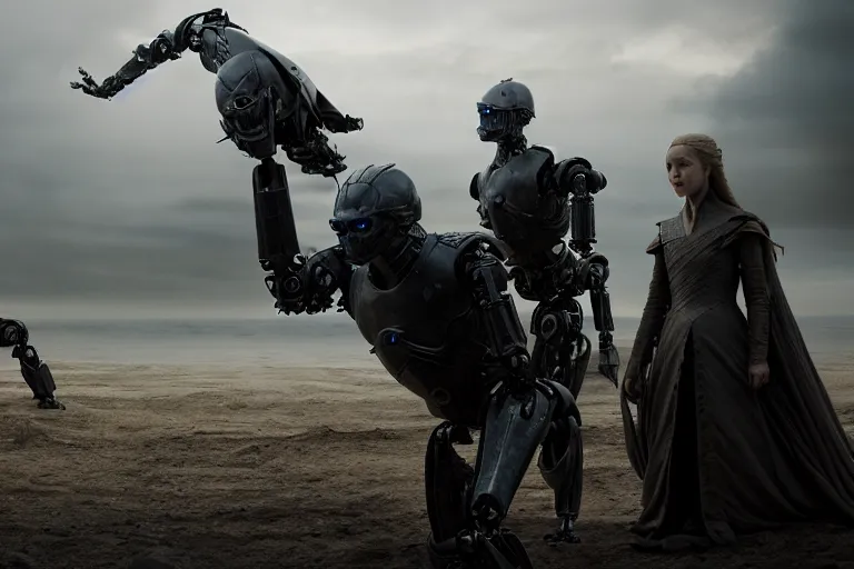 Image similar to vfx film, behind the scenes, on location, set design, on set, making of, film production, game of thrones robots, robot army, flat color profile low - key lighting award winning photography arri alexa cinematography, hyper real photorealistic cinematic, atmospheric cool colorgrade