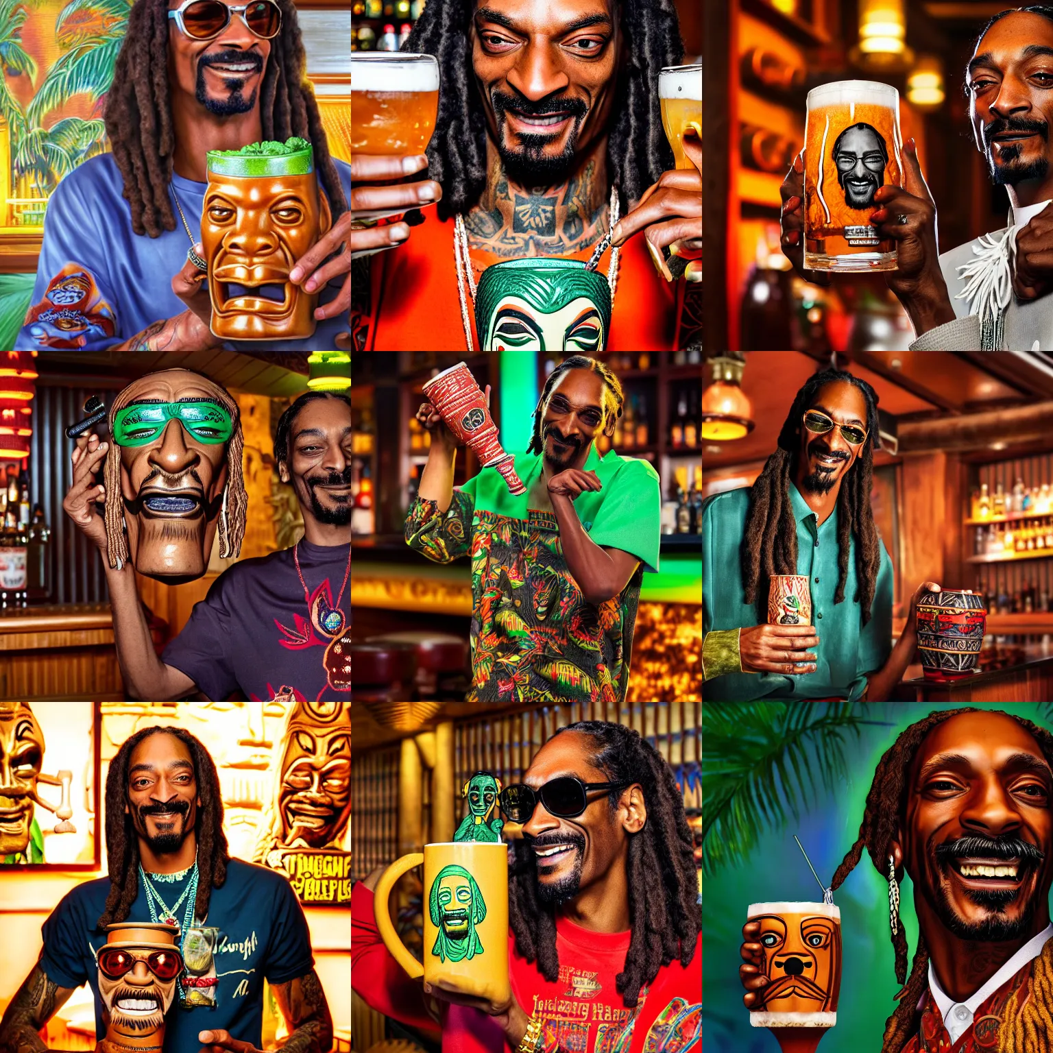 Image similar to a closeup photorealistic photograph of happy snoop dogg at trader vic's bar holding a tiki mug that features the face of snoop dogg. brightly lit scene. this 4 k hd image is trending on artstation, featured on behance, well - rendered, extra crisp, features intricate detail, epic composition and the style of unreal engine.