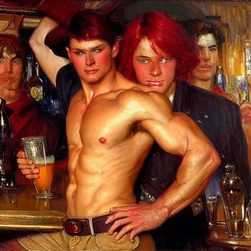 Image similar to attractive muscular male with red hair and muscular attractive male with black hair, drinking their hearts out, in a pub. very defined and highly detailed painting by gaston bussiere, j. c. leyendecker, craig mullins 8 k