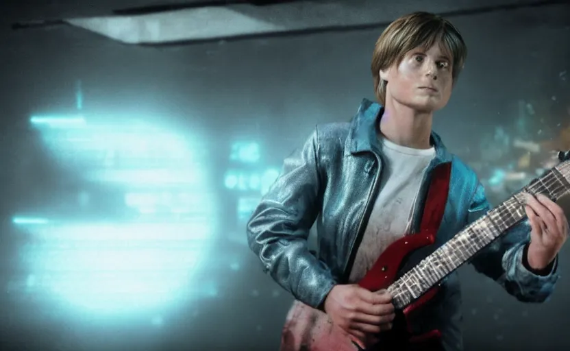 Prompt: found footage of marty mcfly playing a futuristic guitar, in liminal space, cyberpunk, film grain, dark lighting, realistic, photgraph, silent hill style, detailed cinematic lighting