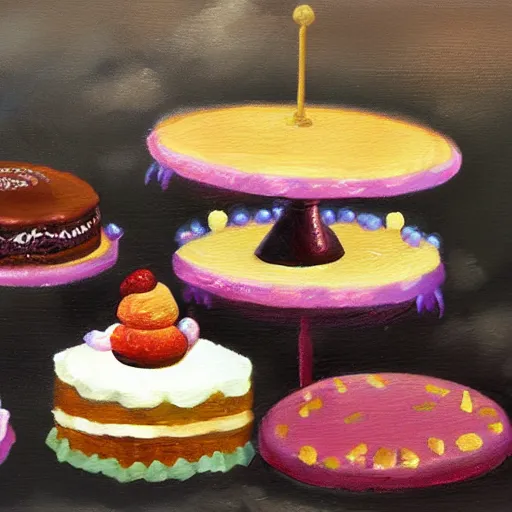 Image similar to concept art oil painting of fancy deserts, cakes, candies, and confections