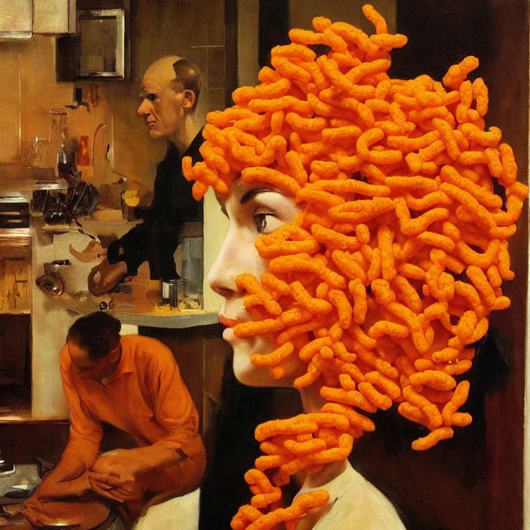 Prompt: A Giant Human Head made out of Cheetos on the counter of a 1950s suburban kitchen, surreal oil painting by John Singer Sargent and Maxfield Parrish shocking detail hyperrealistic studio lighting