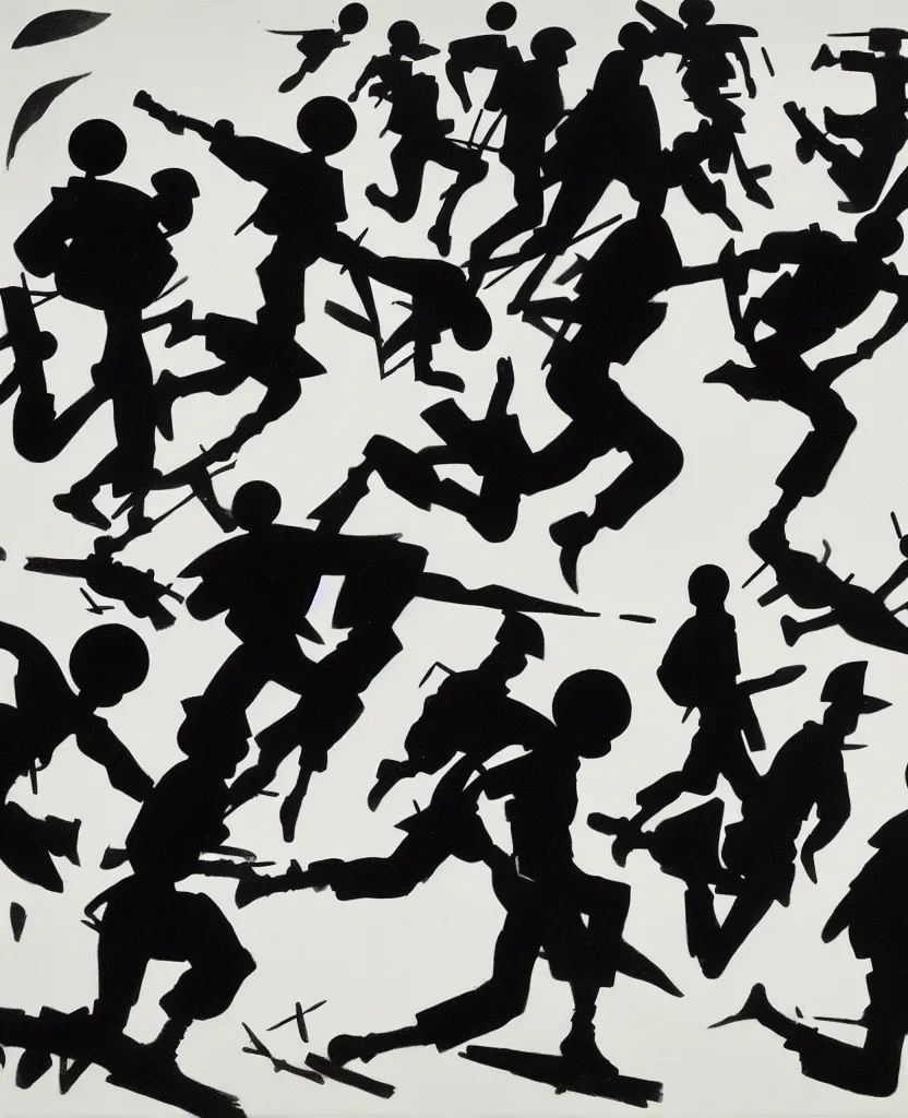 Image similar to a beautiful painting of running soldiers and bombs in el alamein battle, wwii,, black and white, painted by laszlo moholy nagy, disorder, bauhaus