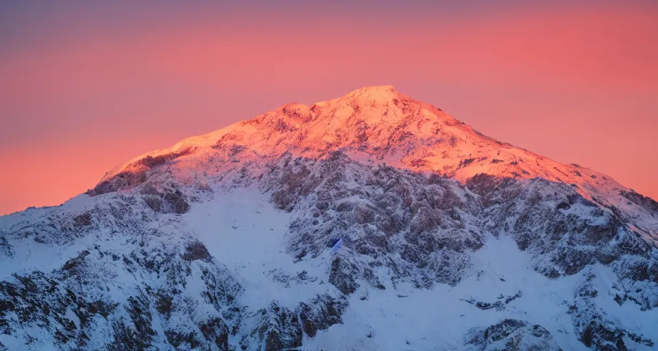 Image similar to professional photo of a snow topped mountain lit by the sunset