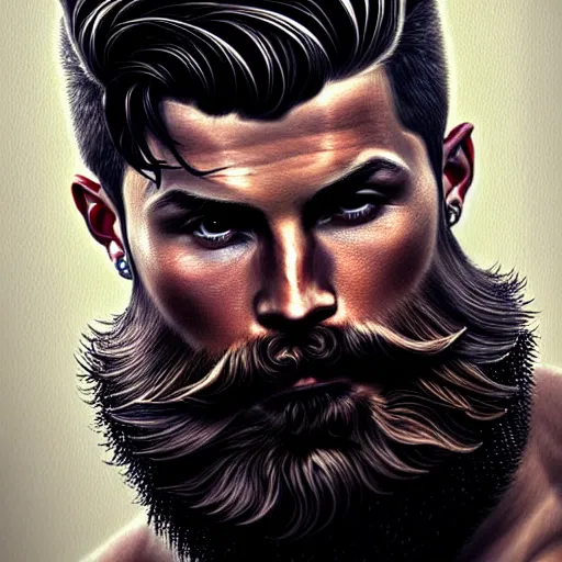 Image similar to Cristiano Ronaldo with a majestic beard, closeup, D&D, fantasy, intricate, elegant, highly detailed, digital painting, artstation, concept art, matte, sharp focus, illustration, art by Artgerm and Greg Rutkowski and Alphonse Mucha