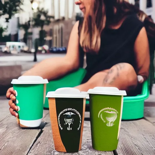 Image similar to snoofkin drinking coffee on green boxes in the street