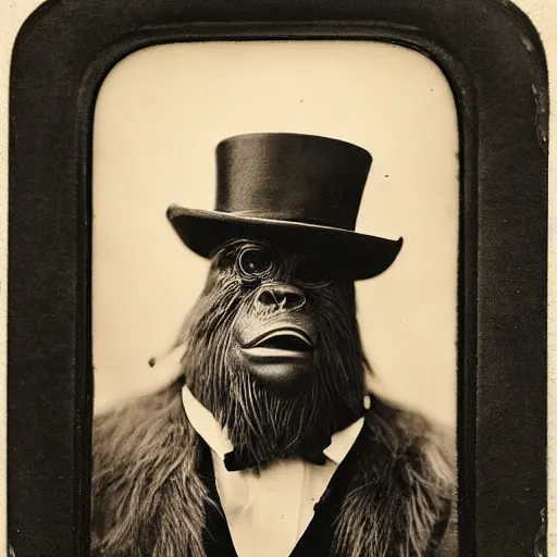 Prompt: a vintage wet plate portrait of a dignified bigfoot with a top hat and cane, extremely detailed, by george hurrell!!!!!!!!!!!!!!!!!!