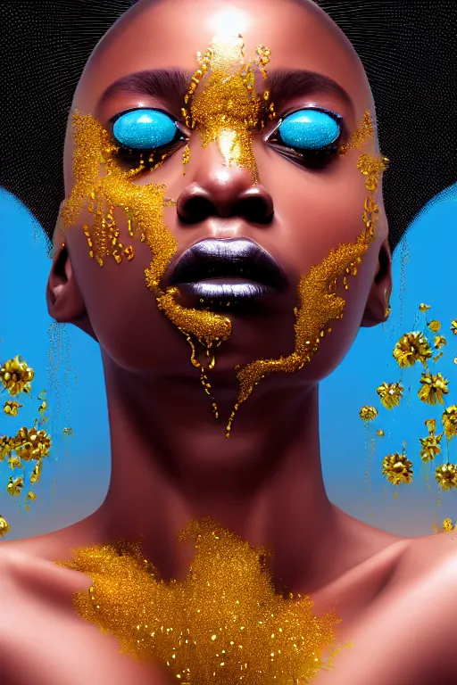 Prompt: hyperrealistic precisionist cinematic profile very expressive! black oshun goddess, in water! up to shoulders, mirror dripping droplet!, gold flowers, highly detailed face, digital art masterpiece, smooth eric zener cam de leon, dramatic pearlescent turquoise light on one side, low angle uhd 8 k f / 5. 6 iso 8 0 0