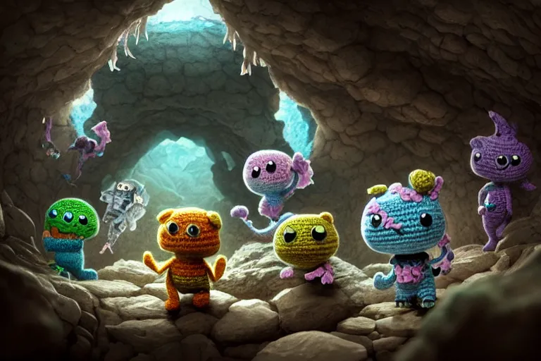 Image similar to a tattoo of an expedition of crochet cute monsters discovering a new cave underground. cute, illustration, digital art, inspired by little big planet, by greg rutkowski, detailed, sharp, masterpiece, highly detailed, photorealistic, octane render, 8 k, unreal engine 5, trending on artstation, vivid colors