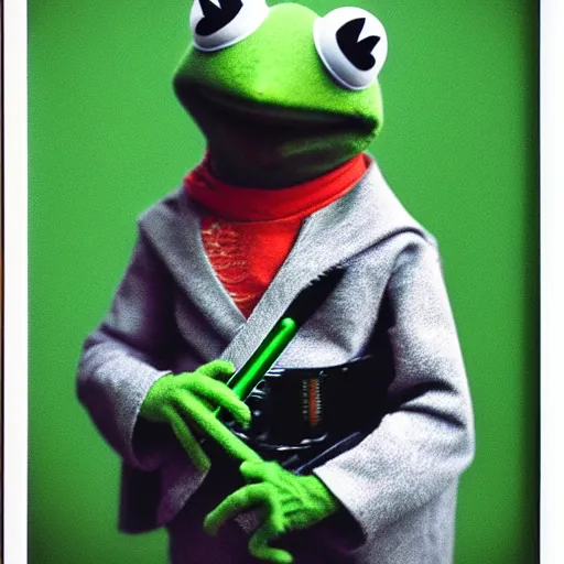 Image similar to Kermit the frog dressed as a Jedi, with green lightsaber, polaroid photo, instax, white frame, by Warhol,