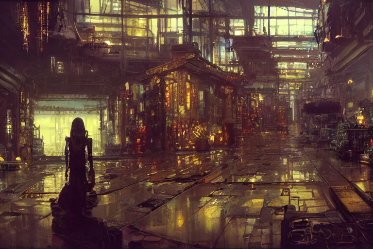 Image similar to cyberpunk market interior, intricate, elegant, highly detailed, john park, craig mullins, sparth, ruan jia, jeffrey catherine jones