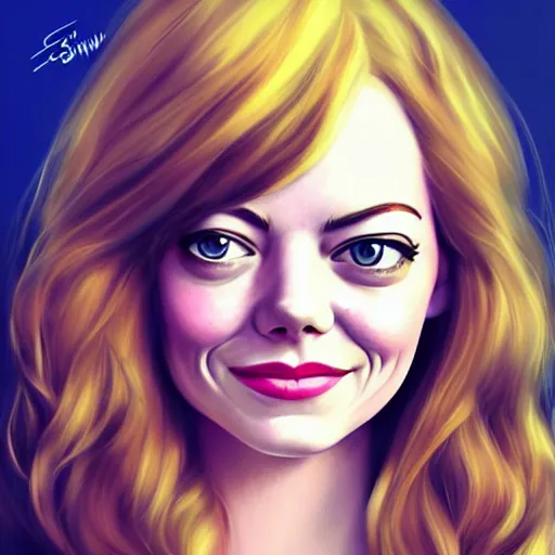 Prompt: emma stone portrait by sandrawinther, disney cartoon face, glamorous, character art, digital illustration, big eyes, semirealism, realistic shaded perfect face, fine details, realistic shaded lighting, soft and blurry